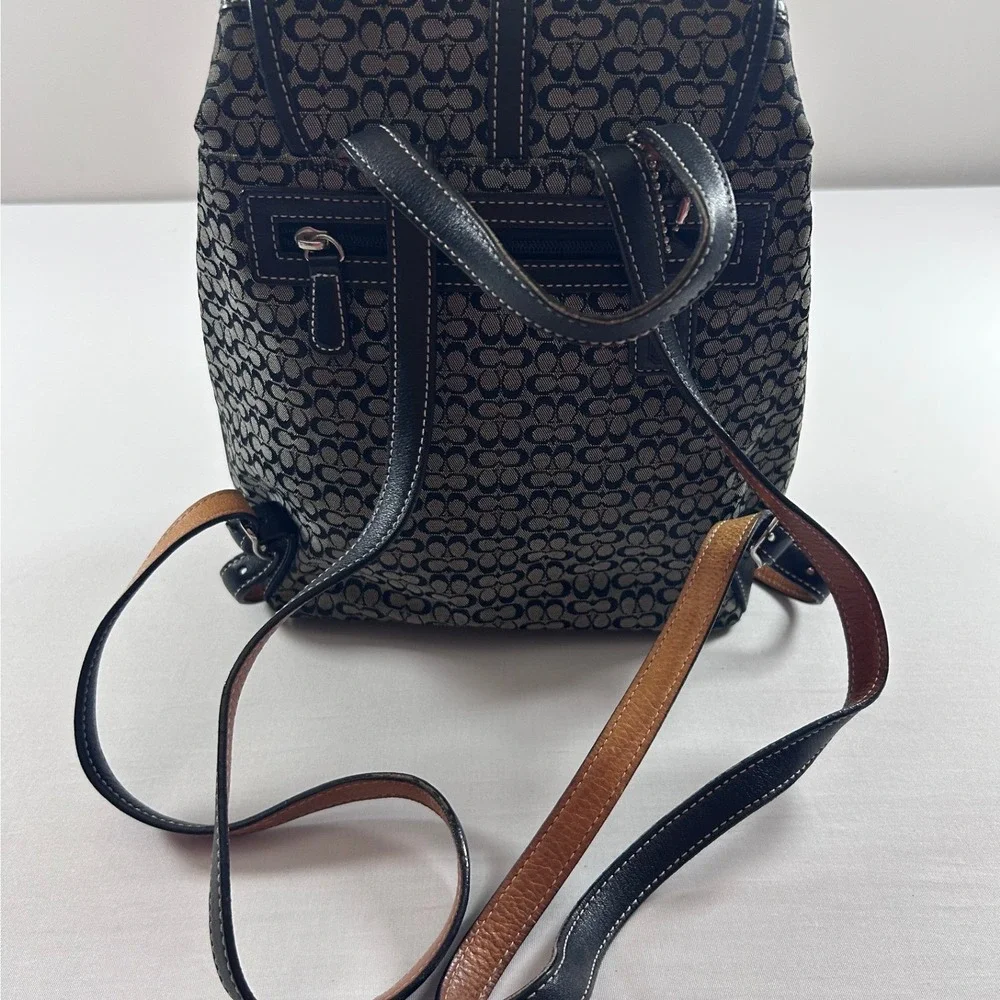 Coach Vintage Signature C Jacquard Backpack Black Leather Y2K Drawstring